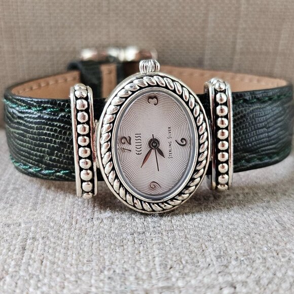 Ecclissi Sterling Silver Ladies Wristwatch Green Tone Genuine Leather Strap Watc - Picture 2 of 13